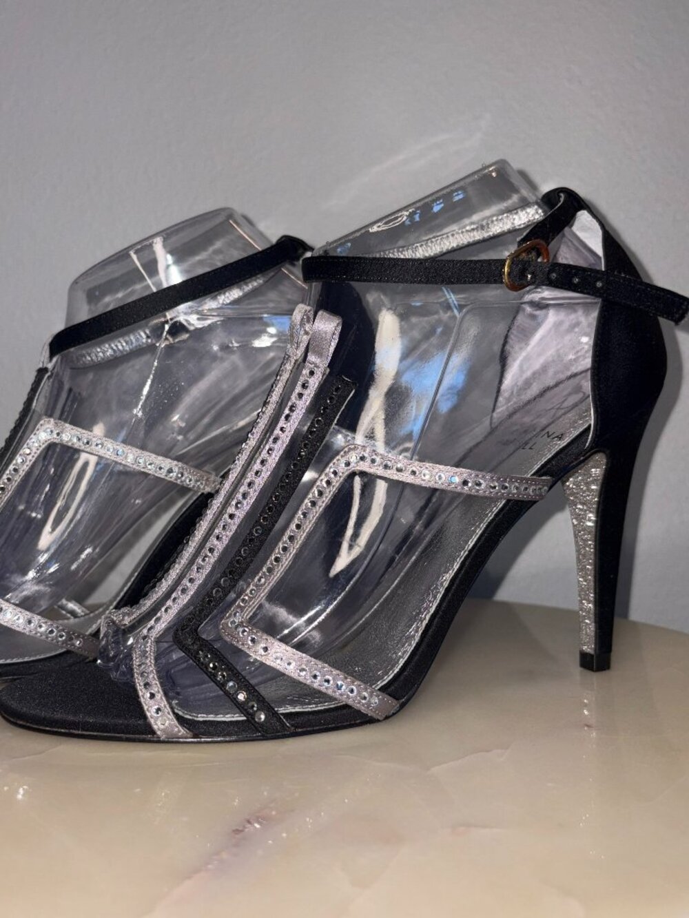 Adrianna Papell Black and Silver Rhinestone T-Strap Heels
